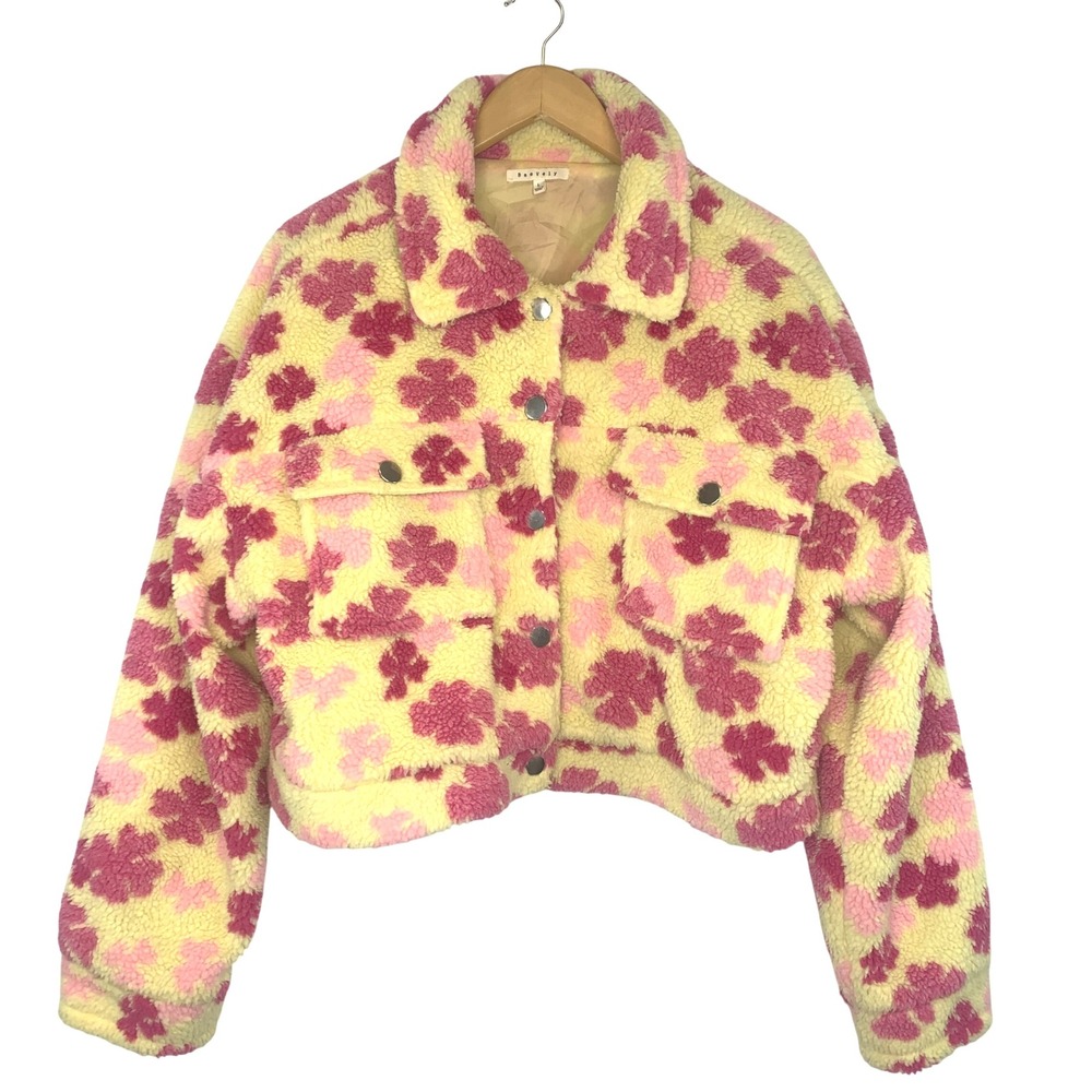 Baevely Floral Print Sherpa Jacket Cropped Snap Front Yellow Pink Large Fun‎ Art